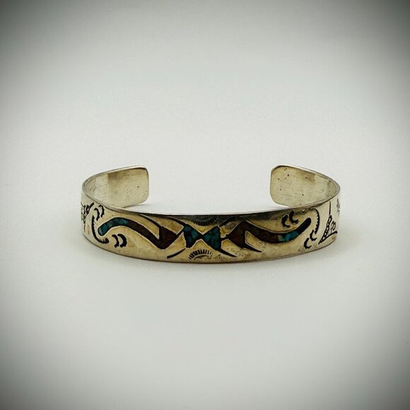 Jewelry - Southwestern Silver Chip-Inlay Cuff (Turquoise & Coral) | Sz 6.5 total | 20g